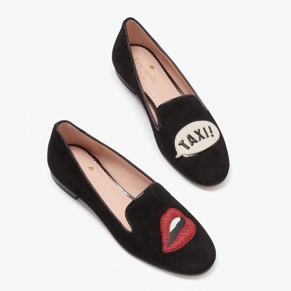Kate Spade Black Loafers with Red Lips and Taxi Design